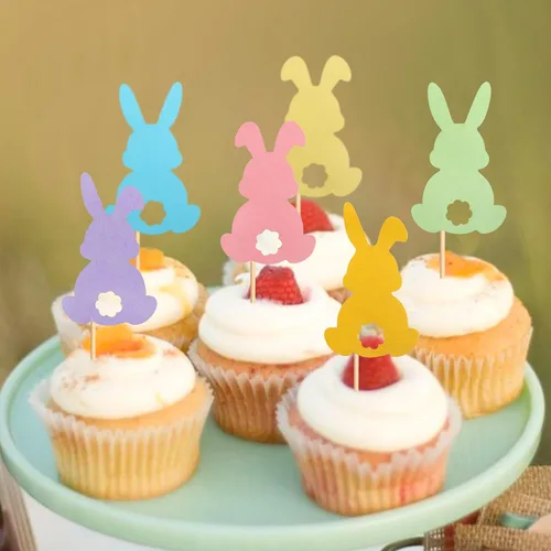 Vista 6 de Ercadio 24 piezas coloridas de doble cara para conejos de Pascua para cupcakes de conejito de Pascua, decoración de pasteles, conejo, baby shower