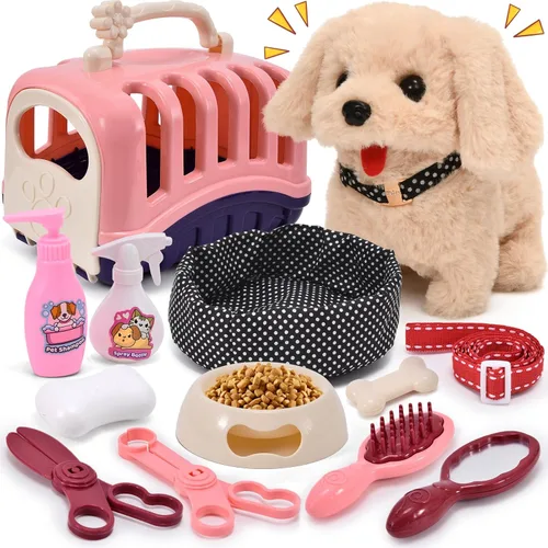 G.C 13Pcs Dog Toys for Kids Girls, Walking Barking Electronic Interactive Stuffed Dog Plush with Carrier & Accessories Toys Pretend Play Puppy Pet
