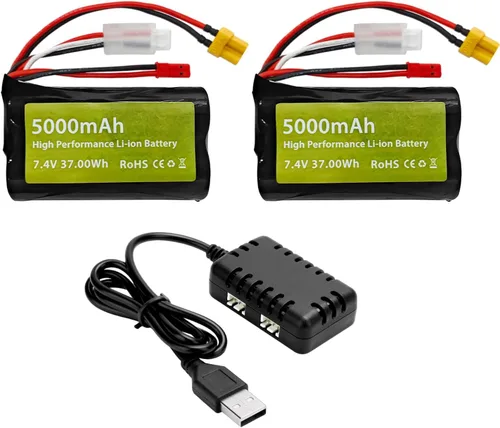 Fytoo Batería de iones de litio 2 piezas 7.4V 5000mah 2S con enchufe JST y enchufe XT30 con 1 cargador 2 en 1 para TX16S, TX18S, RC4GS, RC6GS, TX12