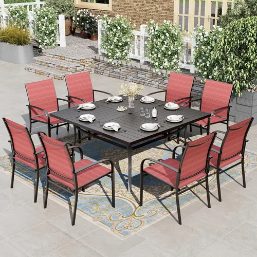 Vista 21 de HERA'S HOUSE Juego de comedor de patio de 5 piezas, juego de mesa y sillas al aire libre para 4, 4 sillas de comedor de textileno azul, mesa