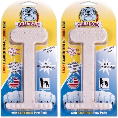 Vista 20 de Bullibone Juguete masticable de nailon para perros masticadores agresivos, hueso de higiene dental con sabor a tocino, juguetes duraderos