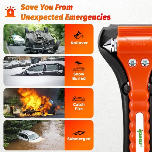 Vista 4 de IPOW Paquete de 2 cortadores de cinturón de seguridad de acero al carbono pesado, martillo de seguridad para automóvil, herramienta de escape
