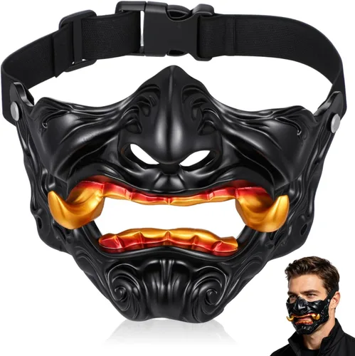 Hemoton Máscara japonesa de Hannya Oni de media cara, máscara de cosplay de samurái del diablo aterrador con colmillos para fiesta de Halloween y