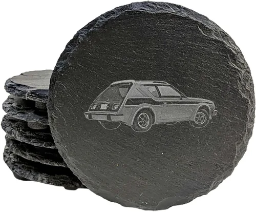 Engraved Classic Compact Hatchback Coasters Set of 4 – Round – Made in USA Round slate coasters with a laser-engraved 1970s compact hatchback — a
