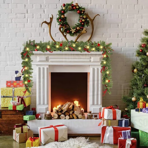 Vista 2 de FUNPENY - Guirnalda de Navidad artificial de 2,7 m, preiluminada, 50 luces LED, guirnalda de Navidad iluminada operada por pilas con 8 modos