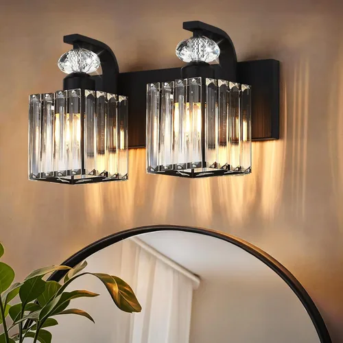 Vista 15 de Lámpara Moderna de Tocador de Baño, Luminarias de Baño de 2 Luces Negro Dorado Sobre Espejo, Aplique de Pared de Cristal de 12.6