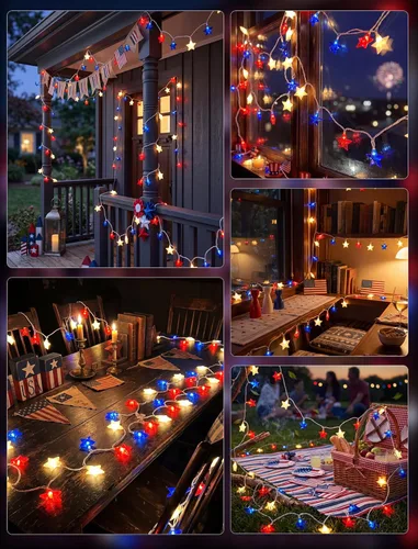 Vista 7 de 8.5Ft Patriotic Red White Blue Star String Lights, 10 LED Plug in Connectable Fairy Lights for 4th of July Independence Day, Outdoor Waterproof Star