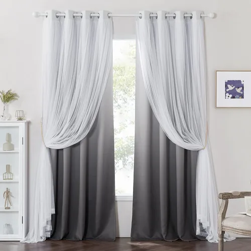Vista 12 de PONY DANCE Cortinas para Sala de Estar - Cortinas Opacas Gris Degradado con Superposición de Gasa Blanca Térmicamente Aisladas Mezcla y Combina
