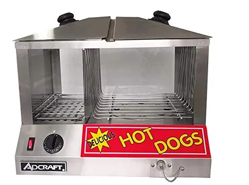 Adcraft HDS-1300W/100 vaporizador para perritos calientes y bollos, capacidad para 100 perros calientes y 48 bollos, encimera, acero inoxidable, 120