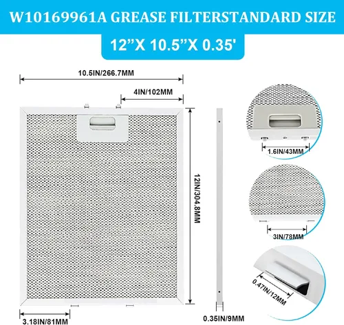 Vista 3 de Filtro de grasa para campana extractora W10169961A, filtro de ventilación de malla de aluminio de 5 capas de 10.5 x 12 pulgadas para Whirlpool