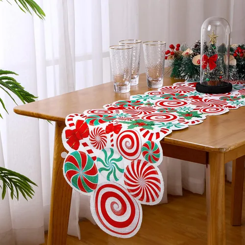 Kingdder Camino de mesa de Navidad con bastón de caramelo, menta, rojo, blanco, verde, piruleta, moño, mantel de mesa, decoración de fiesta de