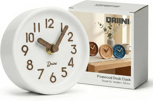 Vista 10 de Driini Reloj de Escritorio Analógico de Madera – 4.3 pulg. Madera de Pino Decorativa, Diseño Sin Tic-Tac – Reloj de Repisa Silencioso de Barrido