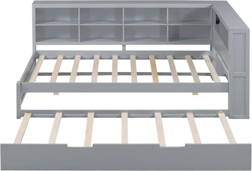 Vista 192 de Quarte Elegante cama de plataforma con estanterías en forma de L, cama de plataforma de madera tamaño individual con 2 cajones de almacenamiento