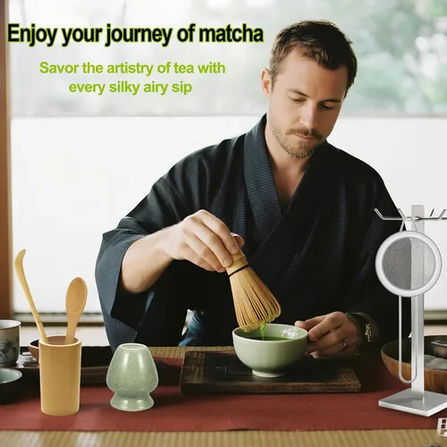 Vista 8 de Juego de 5 batidores de bambú matcha, batidor de matcha, soporte de cerámica (verde), tamiz, cuchara de té tradicional y cuchara de té, ceremonia