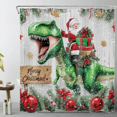 Vista 20 de HVEST Christmas Ball Shower Curtain, Blue Christmas Ball with Silver Pine Tree on Grey Board Bathroom Shower Curtain with Hooks, Snow Snowflake