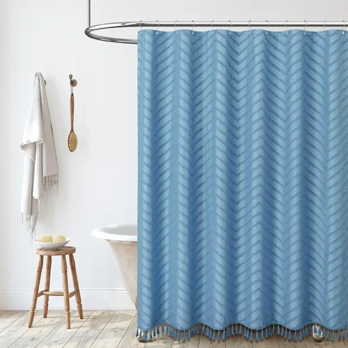 Vista 115 de Dynamene - Cortina de ducha de tela bohemia con rayas con chebrón en relieve, juego de cortina angosta para baño, media cortina impermeable