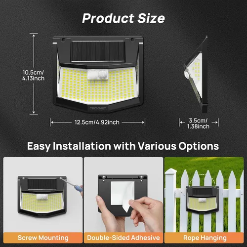 Vista 7 de TECKNET 248 luces LED solares para exteriores y sensor de movimiento, paquete de 4, ángulo de 300° y 3 modos de iluminación, luces solares