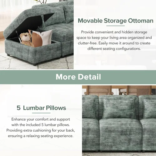 Vista 42 de Sofá modular de felpilla con tapicería en forma de L, sofá modular de 4 asientos con otomana extraíble y 5 almohadas para sala de estar, apartamento