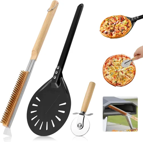 Vista 9 de Kit de accesorios para horno de pizza con cepillo para horno de pizza y raspador de piedra, mango largo perforado de aluminio de 7.8 pulgadas, rueda