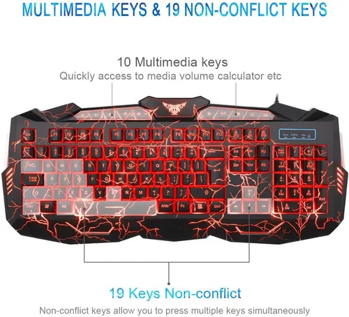 Vista 4 de Combo de teclado y mouse para juegos con auriculares teclado MFTEK Crack retroiluminado de 3 colores mouse para juegos con cable auriculares