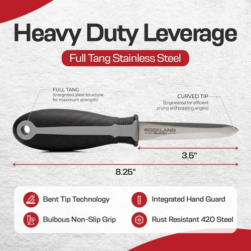 Vista 3 de Conjunto de cuchillos para abrir ostras profesional Rockland Guard - Incluye cuchillo de acero inoxidable de 3.5" con mango antideslizante y punta