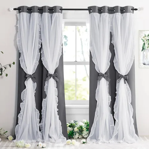 Vista 32 de PONY DANCE Cortinas con Volantes de Doble Capa con Superposición Transparente, Decoración Elegante para Ventanas de Diseño Rústico Francés de Campo