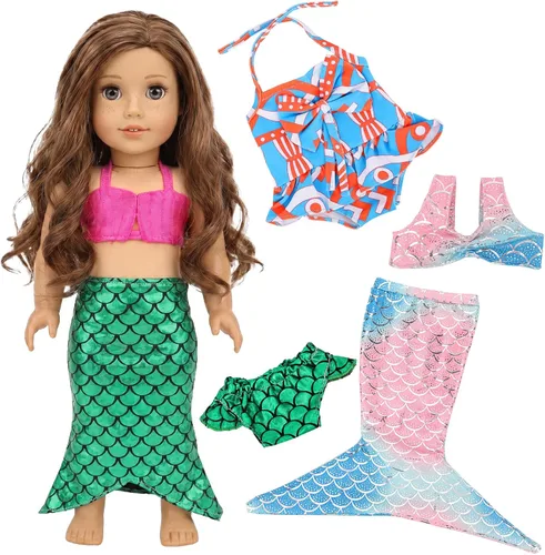 Vista 6 de Ropa de muñeca de 18 pulgadas, 3 conjuntos de trajes de princesa cola de sirena traje de baño bikini