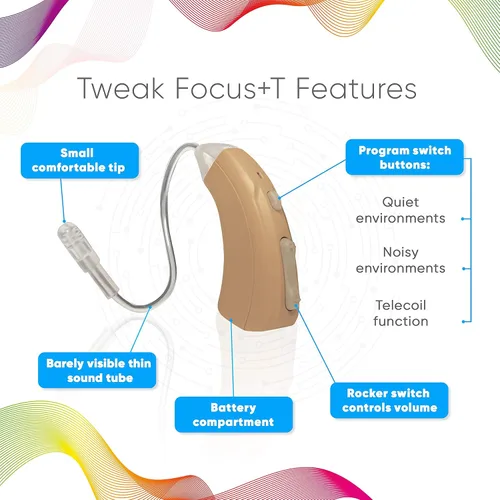 Vista 6 de Tweak Focus+T - Dispositivo de audífonos OTC con modos de escucha programados para control de volumen de sonido personal Con kit de accesorios