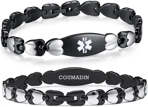 Vista 27 de LinnaLove Pulsera de identificación médica de doble corazón para mujeres 7 1/2 pulgadas de acero inoxidable de moda pulseras de alerta médica