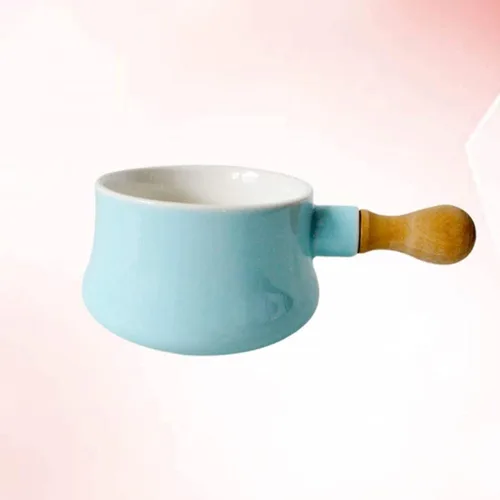 Vista 2 de qiuqiu Olla de leche esmaltada con mango de madera antiadherente de cerámica mini olla calentador de mantequilla sartén vaporera para sopa, Azul