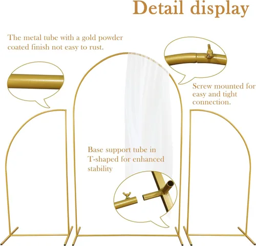 Vista 3 de Arcos de boda para ceremonia, 3 piezas/juego de arco de boda de metal geométrico irregular arco de jardín de fácil montaje, telón de fondo dorado