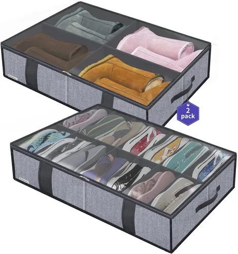 Vista 17 de Onlyeasy 2 Pack Bolsa Organizadora de Almacenamiento para Zapatos Debajo de la Cama (14+4 Pares), Contenedor Plegable para Botas con Asas, Solución