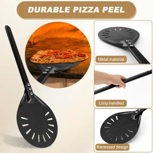 Vista 5 de Kit de accesorios para horno de pizza con cepillo para horno de pizza y raspador de piedra, mango largo perforado de aluminio de 7.8 pulgadas, rueda