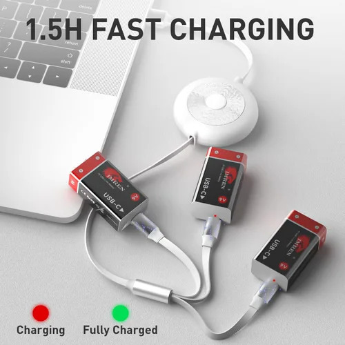 Vista 4 de Imren Batteires de litio recargables de 9 V, 3600 mWh USB de 9 voltios de iones de litio recargable de larga duración, con cable de carga USB-C 4