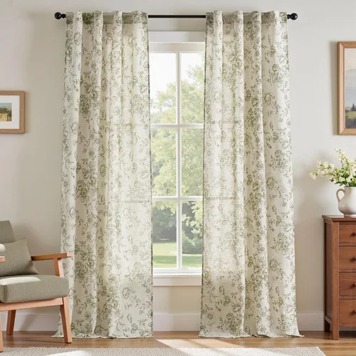 Vista 113 de JINCHAN Cortinas de mezcla de lino con flores para sala de campo francés, cortinas para sala de estar de 84 pulgadas de largo, cortinas impresas