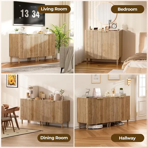 Vista 9 de Armario de almacenamiento de buffet - Armarios de madera con estantes ajustables, puertas acanaladas, mesa consola anti-punta para cocina, comedor