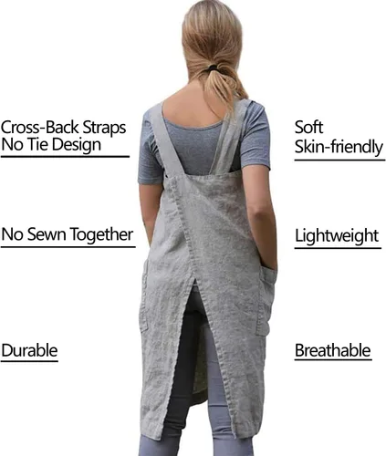 Vista 4 de VLZUFE Delantal de lino de algodón para mujer, delantal con espalda cruzada, vestido para hornear, cocinar, trabajar en jardinería