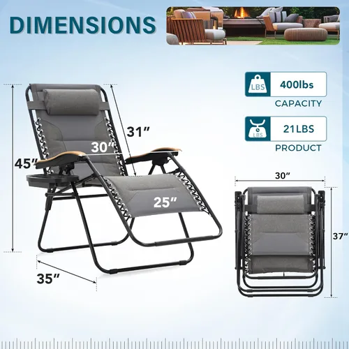 Vista 3 de MFSTUDIO Zero Gravity - Juego de 2 sillas de gran tamaño XL para exteriores, silla antigravedad, silla plegable ajustable con soporte para tazas