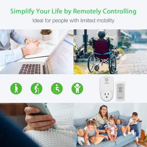 Vista 5 de Toma de control remoto, interruptor de enchufe eléctrico inalámbrico TESSAN para luces, lámparas, ventiladores, rango RF de 100 pies, 1200 W