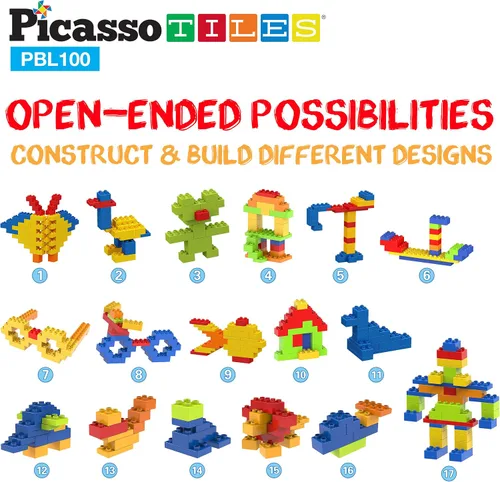 Vista 7 de PicassoTiles Juego de 200 piezas de bloques de construcción de ladrillos de construcción grandes, juego de ladrillos STEM, juego de aprendizaje