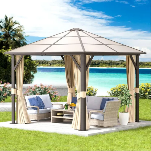 Vista 13 de Aoxun - Gazebo con techo rígido para jardines, patios con cemento o césped, pabellón permanente de policarbonato con doble techo, marco de aluminio