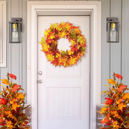 Vista 7 de Glitzhome Corona de hojas de arce preiluminada de 24 pulgadas con temporizador, corona de otoño artificial con luces LED, adorno de otoño