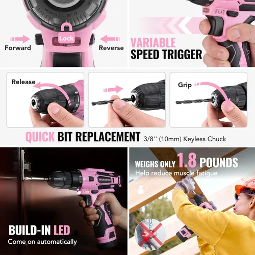 Vista 5 de WORKPRO Juego de herramientas rosa con taladro eléctrico, kit de taladro rosa portátil de 108 piezas para damas para el hogar con caja