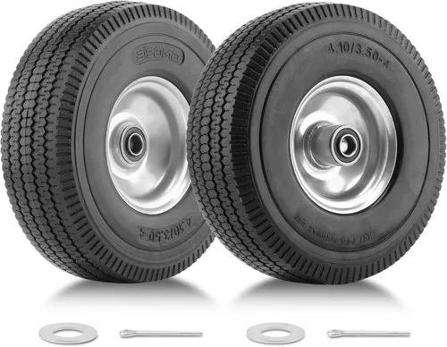 BIEAMA Paquete de 2 neumáticos y ruedas de PU sólido de 10", neumático y rueda 4.10/3.50-4 libres de pinchazos, ruedas de repuesto para carrito de
