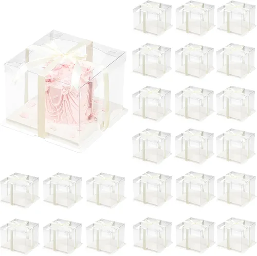 24 cajas de regalo transparentes con cinta de 2 capas de 6.7 x 6.7 x 7.8 pulgadas, caja transparente para tartas con tapas, cajas de embalaje de