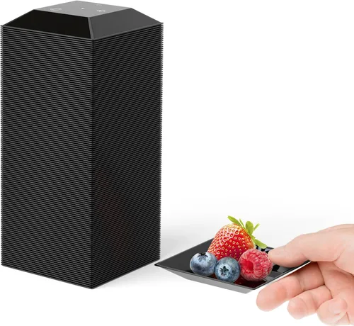 Exquisite Mini platos desechables para aperitivos, paquete de 100 platos de postre de plástico negro de 2.95 x 2.95 pulgadas, diseño elegante para