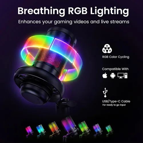 Vista 4 de Kit de transmisión de video en vivo, incluye cámara web de 30 FPS de 1080p, micrófono USB RGB, luz LED ajustable para Twitch, YouTube, Podcast
