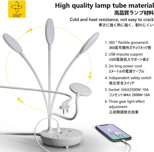 Vista 3 de Lámpara de escritorio LED Bodun con 2 puertos de carga USB y 2 tomas de corriente CA - Antorcha de cuello de ganso ajustable, 3 niveles de brillo