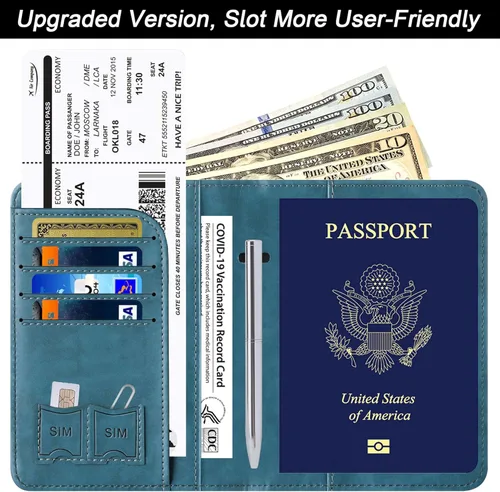 Vista 2 de Funda de cuero para pasaporte y tarjeta de vacunación, con bloqueo Rfid para hombres y mujeres