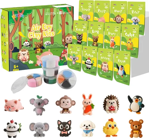 Kit de arcilla seca al aire, 12 arcillas para modelar de animales para niños, arcilla Model Magic con herramientas de escultura y tutoriales, segura